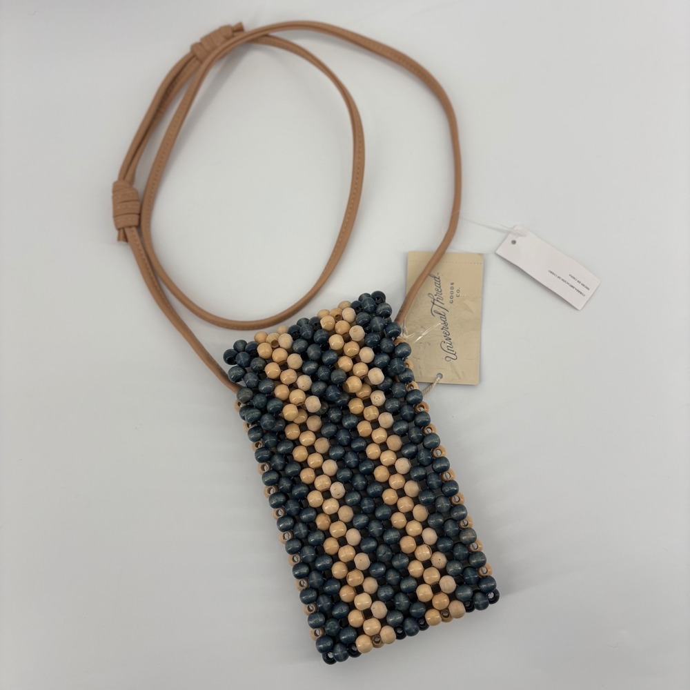 Universal Thread Wood Beaded Crossbody Phone‎ Bag Blue Tan Striped NWT